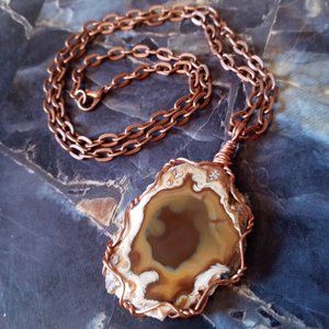 Wire Wrapped Agate Slice Pendant Necklace